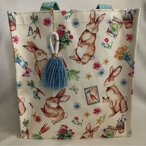 Easter Bunny Floral Spring Cotton Canvas Reusable Tote Gift Bag / Basket